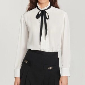 Sandro White Blouse with Black Ribbon